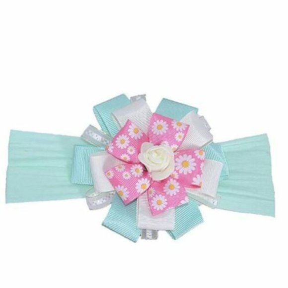 Baby Headband, Girl's Hairband Cyan Blue & Pink with White Rose - Picture 2 of 2